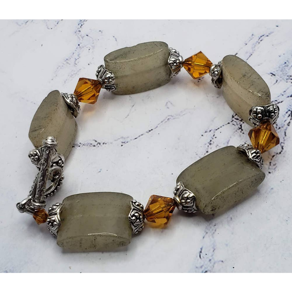 Silver Tone Orange and Cream Beaded Toggle Clasp Stackable Bracelet